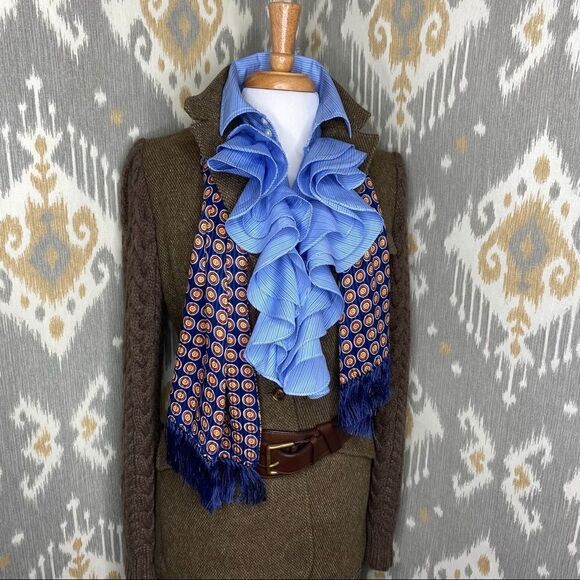 Ralph Lauren Triple Ruffle Blue Pin Stripe Cotton Stretch Jabot Blouse - Picture 13 of 16